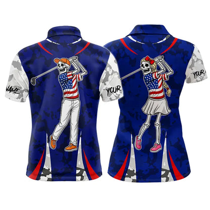 USA flag camo golf outfits funny skull matching men and womens golf shirts custom patriotic golf tops NQS11400