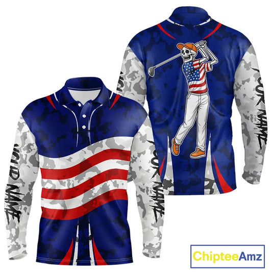 USA flag camo golf outfits funny skull golf polo shirts for Men custom patriotic golf shirts for men NQS11400