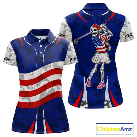 USA flag camo golf outfits funny skull golf polo shirts for Women custom patriotic golf shirts ladies NQS11400