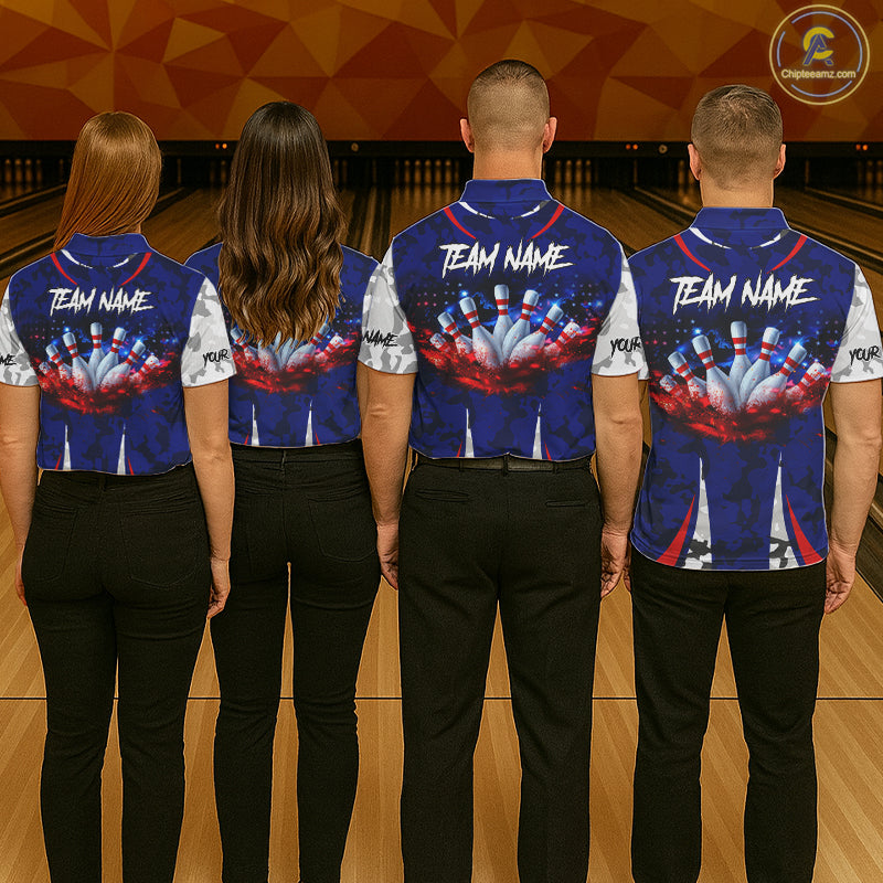 Camo American flag bowling jersey custom bowling polo, 1/4 zip shirts for men, bowling league shirts NQS11401