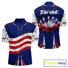 Load image into Gallery viewer, Camo American flag bowling jersey custom bowling polo, 1/4 zip shirts for men, bowling league shirts NQS11401