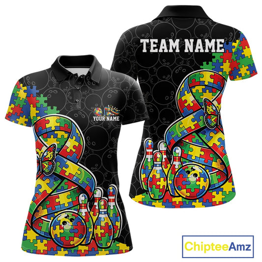 Women’s polo shirt mockup front and back featuring autism awareness ribbon filled with puzzle pattern, butterfly accents, and bowling ball striking pins on black shirt