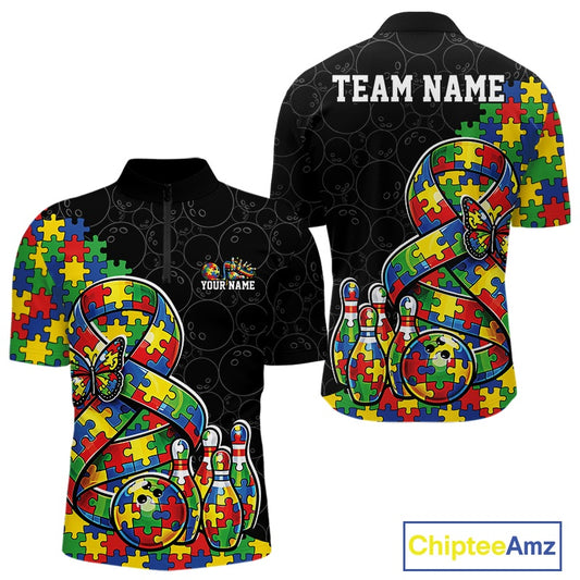 Front And Back View Of Mens Bowling Quarter-Zip Mockup In Black, Featuring Autism Awareness Ribbon Filled With Puzzle Pattern, Colorful Butterfly And Bowling Strike Artwork