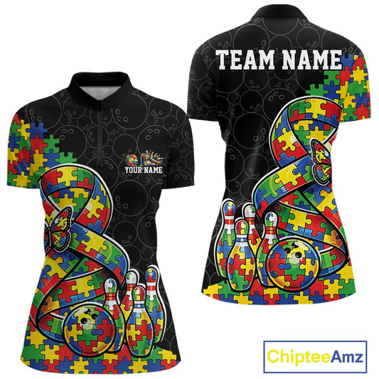 Front and back view of a women’s quarter-zip bowling shirt mockup in black, featuring a large autism awareness ribbon filled with puzzle pattern, colorful butterfly, and bowling ball striking pins.