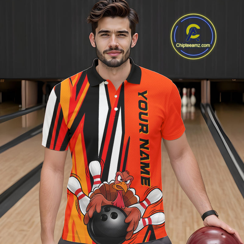 Custom Funny Turkey Bowling Shirts For Men, Orange Thanksgiving Bowling Shirt Team Uniform IPHW7659