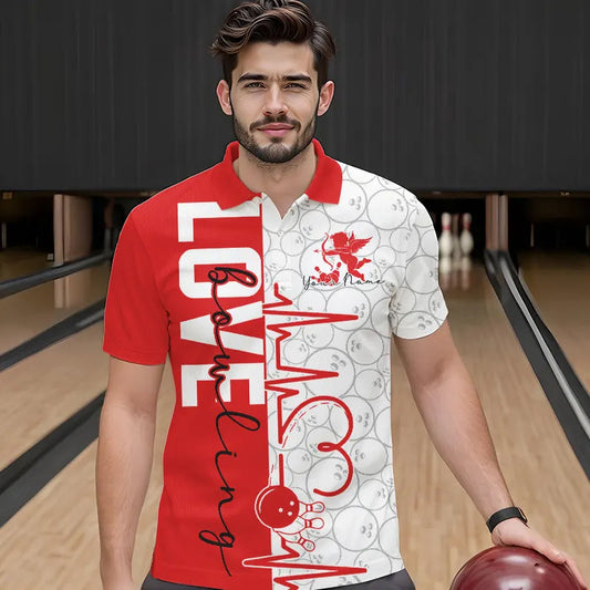 White And Red Custom Love Bowling Polo Shirts For Men, Valentines Couple Bowling Jerseys IPHW8324