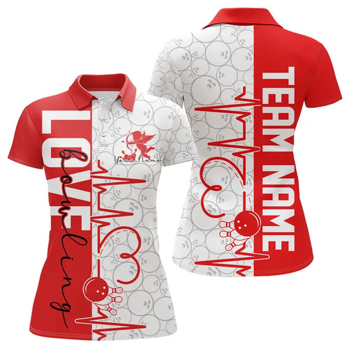 White And Red Custom Love Bowling Polo Shirts For Women, Valentines Couple Bowling Jerseys IPHW8324