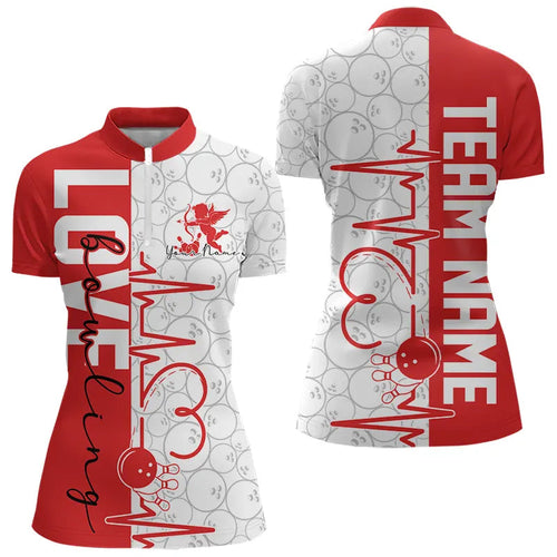 White And Red Custom Love Bowling Womens Quarter-Zip Shirt, Valentine Couple Bowling Jersey IPHW8324