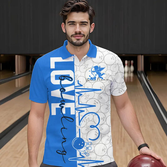 White And Blue Custom Love Bowling Polo Shirts For Men, Valentines Couple Bowling Jerseys IPHW8326