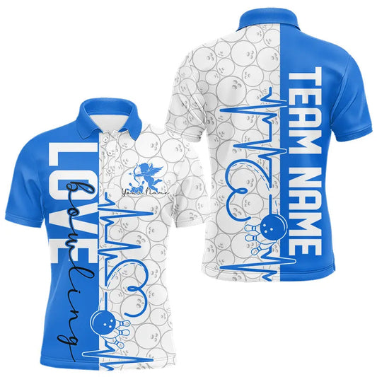 White And Blue Custom Love Bowling Polo Shirts For Men, Valentines Couple Bowling Jerseys IPHW8326