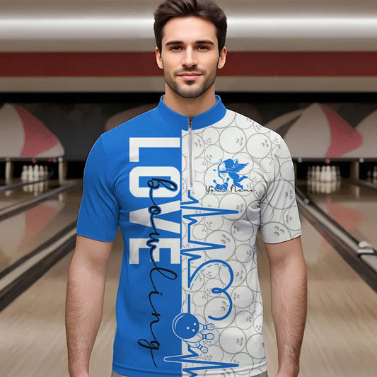White And Blue Custom Love Bowling Quarter-Zip Shirts For Men, Valentines Couple Bowling Jerseys IPHW8326