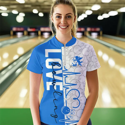 White And Blue Custom Love Bowling Quarter-Zip Shirts For Women, Valentines Bowling Jerseys IPHW8326