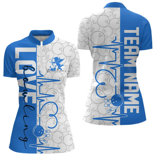 White And Blue Custom Love Bowling Quarter-Zip Shirts For Women, Valentines Bowling Jerseys IPHW8326