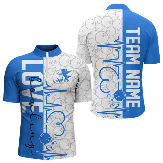 White And Blue Custom Love Bowling Quarter-Zip Shirts For Men, Valentines Couple Bowling Jerseys IPHW8326