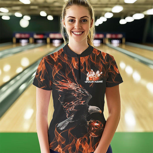 Custom Black And Orange Flame Eagle Bowling Women Quarter-Zip Shirts, Bowling League Shirt IPHW8799