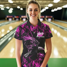 Load image into Gallery viewer, Custom Black And Pink Flame Eagle Bowling Team Women Polo Shirt, Eagle Bowling League Shirt IPHW8800