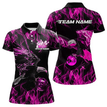 Load image into Gallery viewer, Custom Black And Pink Flame Eagle Bowling Team Women Polo Shirt, Eagle Bowling League Shirt IPHW8800
