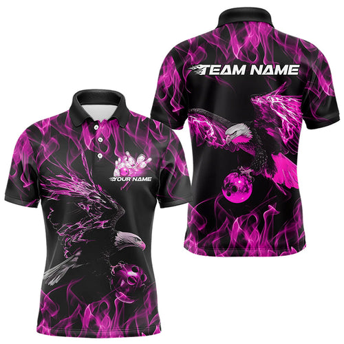 Custom Black And Pink Flame Eagle Bowling Team Men Polo Shirts, Eagle Bowling League Shirt IPHW8800