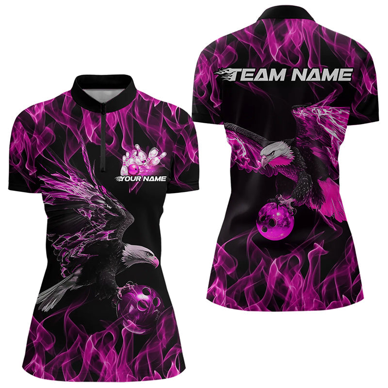 Custom Black And Pink Flame Eagle Bowling Women Quarter-Zip Shirts, Bowling League Shirt IPHW8800