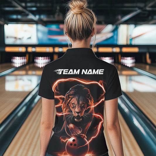 Custom Black And Orange Thunder Lightning Lion Bowling Polo Shirts For Women, Team Uniform IPHW8803