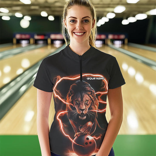 Custom Black Orange Thunder Lightning Lion Bowling Women Quarter-Zip Shirt, Team Uniform IPHW8803