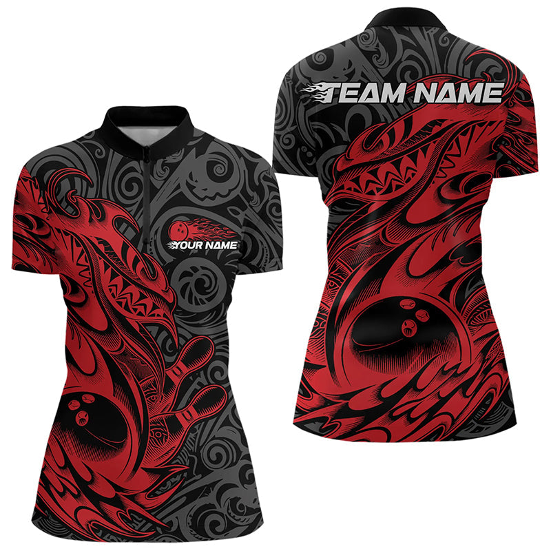 Custom Black And Red Tribal Polynesian Bowling Women Quarter-Zip Shirts, Bowlers Outfits IPHW8811