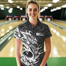 Load image into Gallery viewer, Custom Black And White Tribal Polynesian Bowling Women Polo Shirts, Niho Mano Bowling Shirt IPHW8812