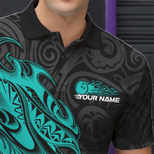 Load image into Gallery viewer, Custom Black And Blue Tribal Polynesian Bowling Team Men Polo Shirts, Niho Mano Bowling Shirt IPHW8813