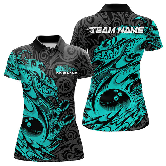 Custom Black And Blue Tribal Polynesian Bowling Team Women Polo Shirts, Bowlers Outfits IPHW8813