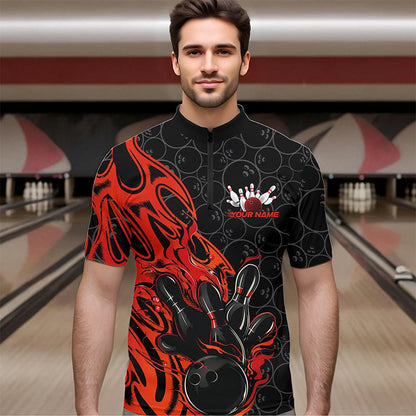 Custom Black And Red Tribal Flame Bowling Team Men Quarter-Zip Shirts, Bowling Pattern Outfits IPHW8814