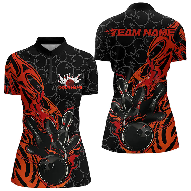 Custom Black And Red Tribal Flame Bowling Women Quarter-Zip Shirts, Bowling Pattern Outfits IPHW8814