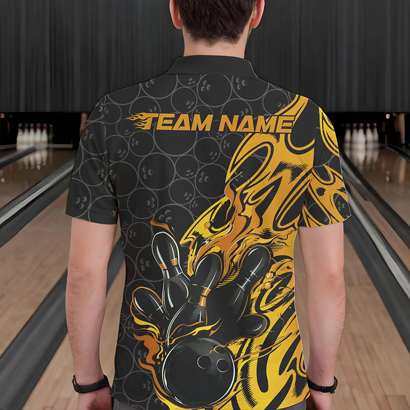 Custom Black And Yellow Tribal Flame Bowling Team Men Polo Shirts, Bowling Pattern Outfits IPHW8815