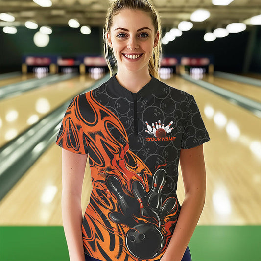Custom Black And Orange Tribal Flame Bowling Team Women Quarter-Zip Shirts, Bowlers Outfits IPHW8816