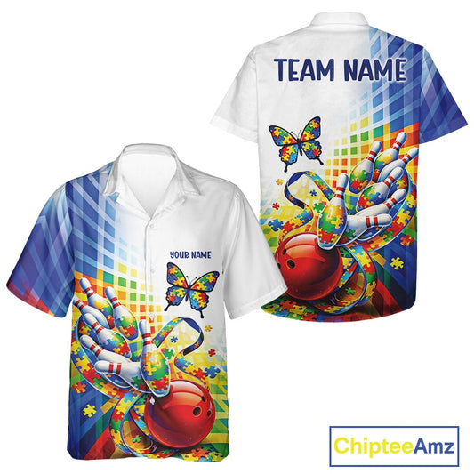 Button-up bowling shirt mockup showcasing white and blue shirt with puzzle pattern bowling, swirling ribbon accents, and multicolored butterfly artwork