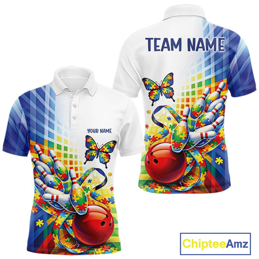 Men’s bowling polo shirt mockup front and back displaying puzzle pattern bowling design with multicolored butterfly and swirling ribbon artwork on white and blue shirt