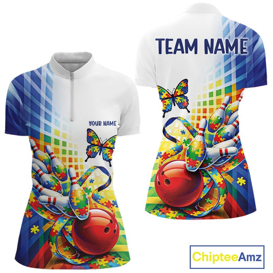 Front and back view of a women’s quarter-zip bowling shirt mockup featuring puzzle pattern bowling, butterfly design, and swirling ribbon graphics in white and blue.