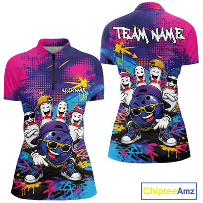 Custom Funny Colorful Hiphop Bowling Women Quarter-Zip Shirt, Graffity Bowling Jerseys IPHW11801