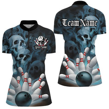 Load image into Gallery viewer, Black And Blue Custom Skull Ladies Bowling Shirts, Gothic Bowling Team Halloween Outfits IPHW7671