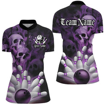 Load image into Gallery viewer, Black And Purple Custom Skull Ladies Bowling Shirts, Gothic Bowling Team Halloween Outfits IPHW7672