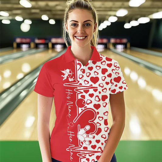 Red Bowling Heartbeat Pulse Line Custom Valentines Day Bowling Polo Shirts For Women IPHW8331