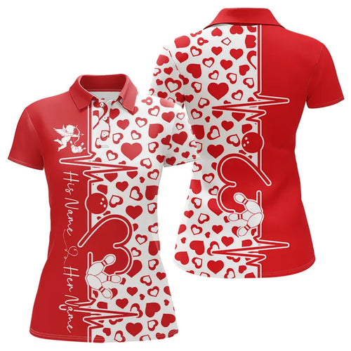 Red Bowling Heartbeat Pulse Line Custom Valentines Day Bowling Polo Shirts For Women IPHW8331