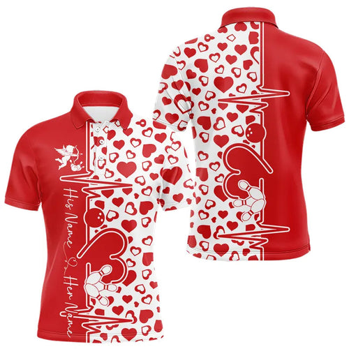 Red Bowling Heartbeat Pulse Line Custom Valentines Day Bowling Polo Shirts For Men IPHW8331