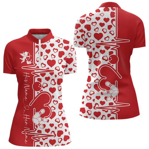 Red Bowling Heartbeat Pulse Line Custom Valentines Day Bowling Quarter-Zip Shirt For Women IPHW8331