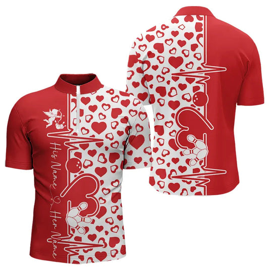 Red Bowling Heartbeat Pulse Line Custom Valentines Day Bowling Quarter-Zip Shirts For Men IPHW8331