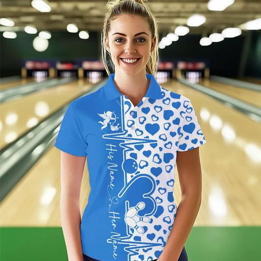 Blue Bowling Heartbeat Pulse Line Custom Valentines Day Bowling Polo Shirts For Women IPHW8333