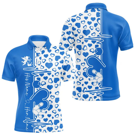 Blue Bowling Heartbeat Pulse Line Custom Valentines Day Bowling Polo Shirts For Men IPHW8333