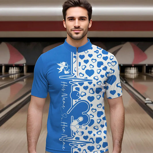 Blue Bowling Heartbeat Pulse Line Custom Valentines Day Bowling Quarter-Zip Shirts For Men IPHW8333