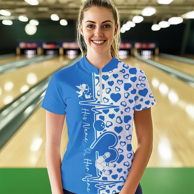 Blue Bowling Heartbeat Pulse Line Custom Valentines Day Bowling Quarter-Zip Shirt For Women IPHW8333