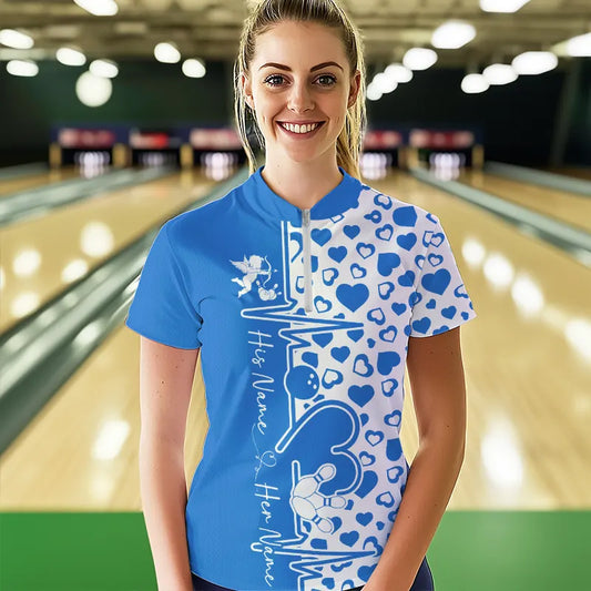 Blue Bowling Heartbeat Pulse Line Custom Valentines Day Bowling Quarter-Zip Shirt For Women IPHW8333