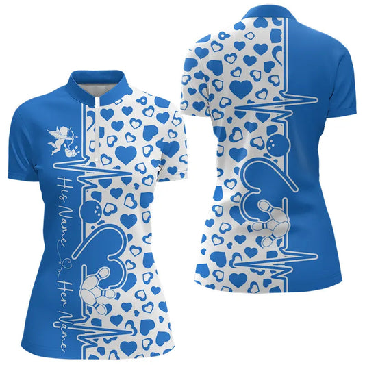 Blue Bowling Heartbeat Pulse Line Custom Valentines Day Bowling Quarter-Zip Shirt For Women IPHW8333